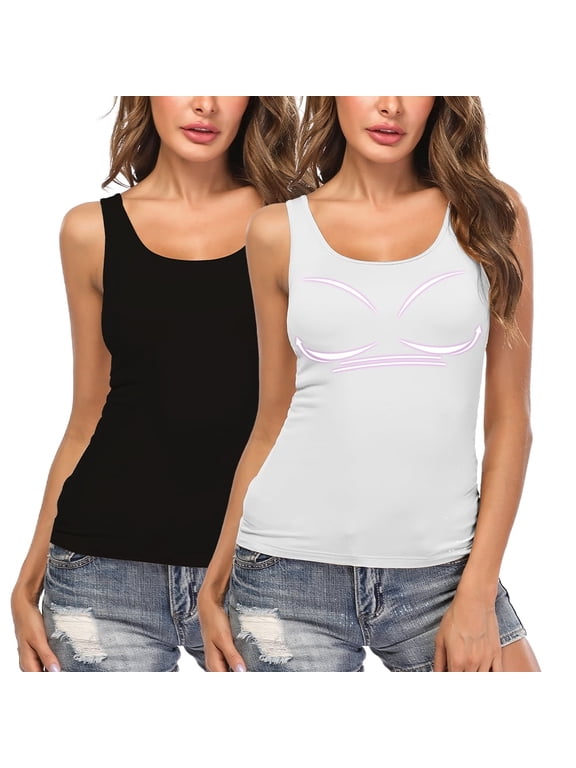 2 Packs Womens Tank Tops with Built in Shelf Bra Plus Size Basic Stretchy Padded Camisole Casual Layering Tanks Undershirt Black-White S