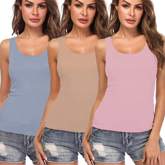 CARCOS 3 Packs Womens Tank Tops with Built in Shelf Bra Plus Size Basic Stretchy Padded Camisole Casual Layering Tanks Undershirt XL