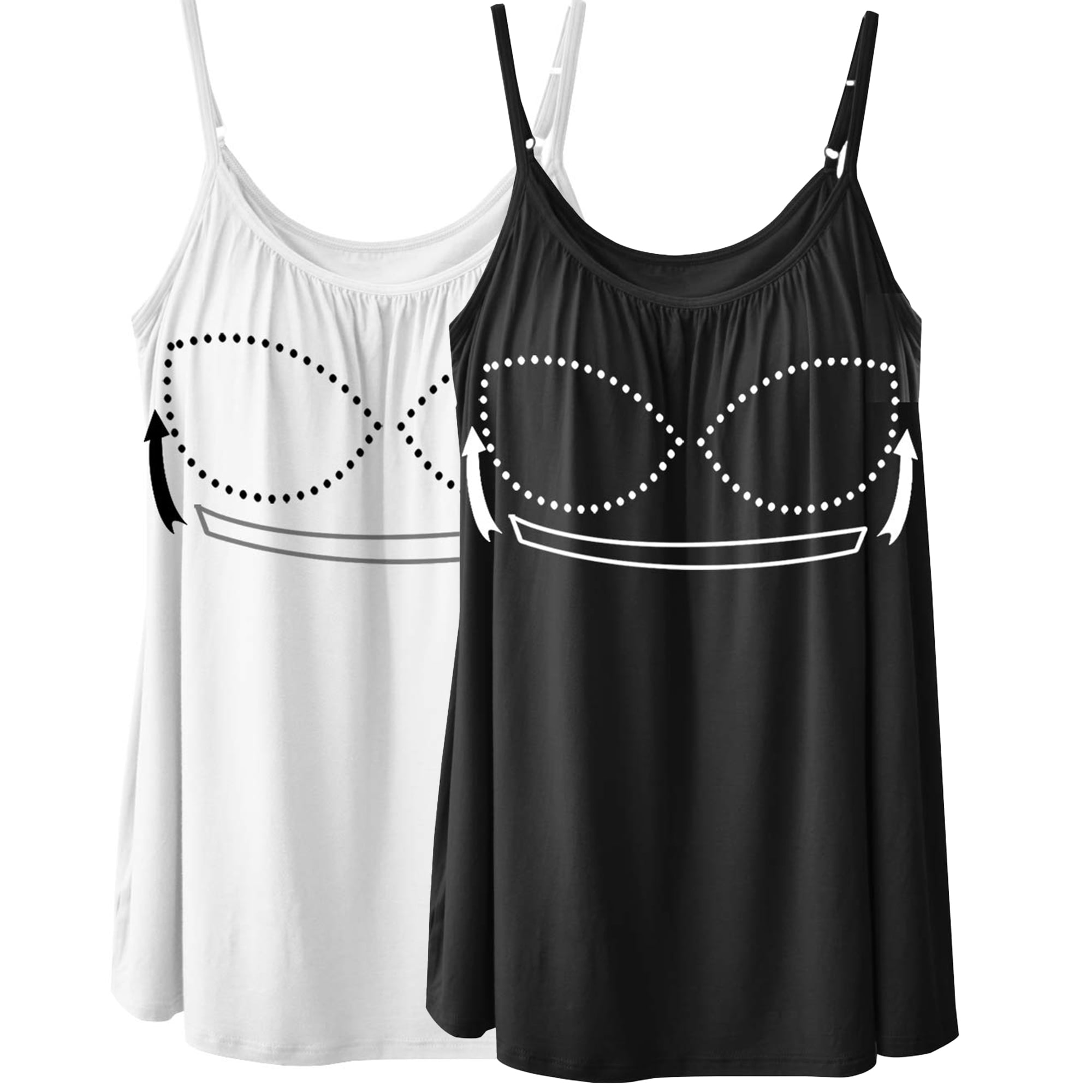 CARCOS Womens Camisoles with Built in Bras Plus Size Summer Tank Top  Adjustable Spaghetti Strap Flowy Sleeveless Camis Black-White,Medium 