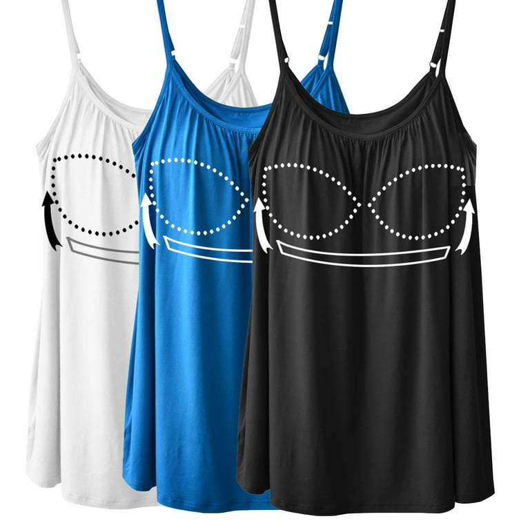 CARCOS Womens Camisoles with Built in Bras Plus Size Summer Tank Top  Adjustable Spaghetti Strap Flowy Sleeveless Camis Black-White-Navy,Small 