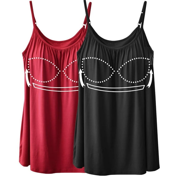 CARCOS Womens Camisoles with Built in Bras Plus Size Summer Tank Top Adjustable Spaghetti Strap Flowy Sleeveless Camis Black-Wine,Large