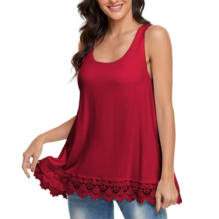 CARCOS Womens Plus Size Camisoles with Built in Shelf Bras Summer Tank Top Wide Strap Swing Lace Flowy Pleated Sleeveless Tops Wine 2XL