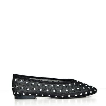 CARDEE-01 Rhinestone Mesh Almond Toe Ballet Flats   (Black, 7.5)