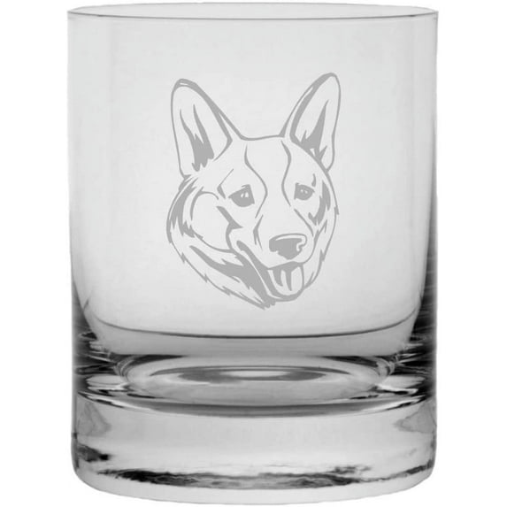 CARDIGAN WELSH CORGI Dog Themed Etched 10.25oz Crystal Rocks Whisky Glass