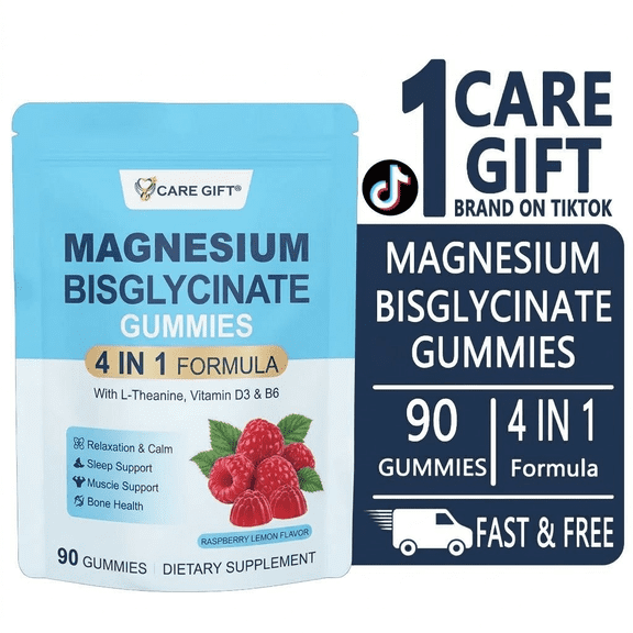 CARE GIFT 400mg Chelated Magnesium Bisglycinate Gummies with D3, B6 & L-Theanine Sleep, Calm & Bone Support, 90 Raspberry Gummies