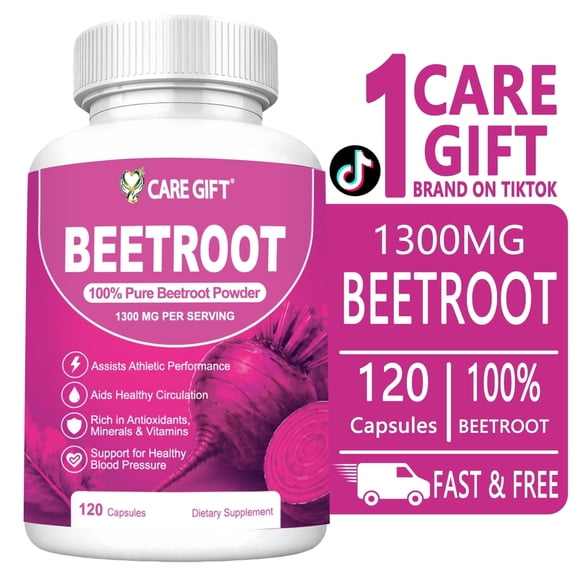 CARE GIFT Beet Root Capsules 1300mg, 100% Pure Beetroot Powder Supplement, Non-GMO & Gluten-Free, Athletic Performance, Circulation & Heart Health Support, 120 Capsules