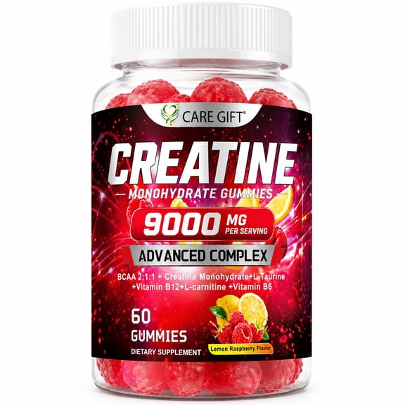 Creatine Gummies 9000mg Pre-Workout with BCAA & Taurine for Strength & Recovery, 60 Count