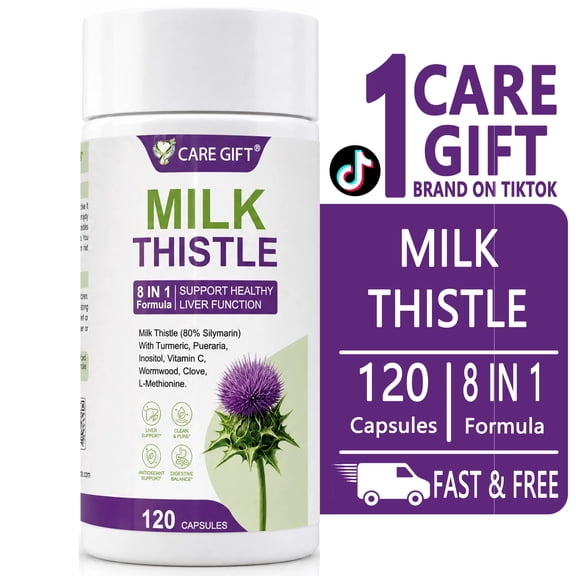 CARE GIFT Milk Thistle Liver Support 1000mg Formula, 120 Vegetarian Capsules, 8-in-1 Herbal Liver Cleanse & Detox Complex with Silymarin 80%, Pueraria, Turmeric, Inositol for Healthy Liver Function
