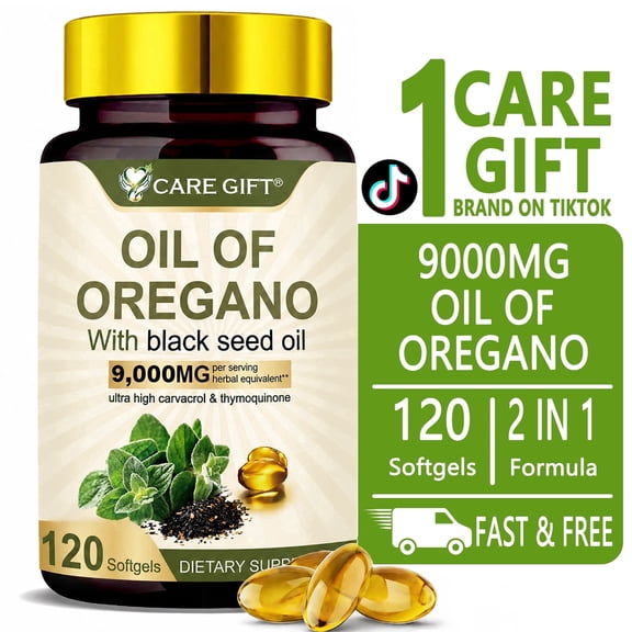 CARE GIFT Oil of Oregano Softgels 9000mg with Black Seed Oil, 2 in 1 Immune & Digestive Health Supplement, Carvacrol & Thymoquinone, 120 Softgels