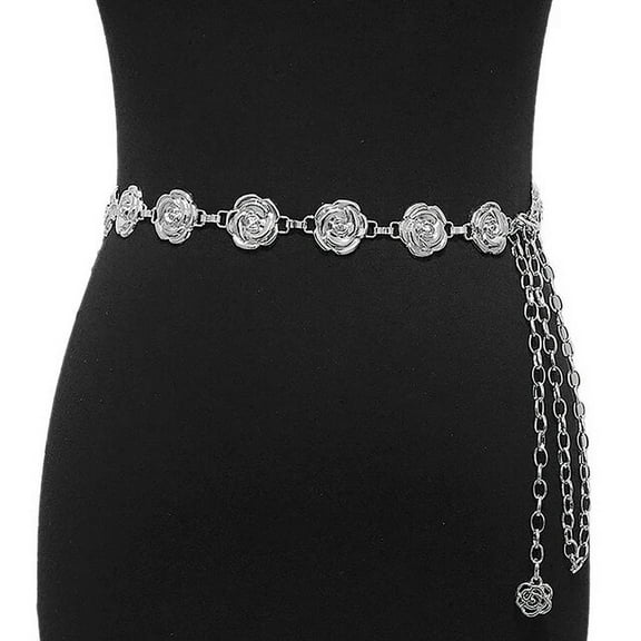CAREFORM 1Pc Gold Silver Color Rose Chain Belt Women Fashion Metal Thin Shiny Flower Belts Female Jeans Dress Decoration Belt
