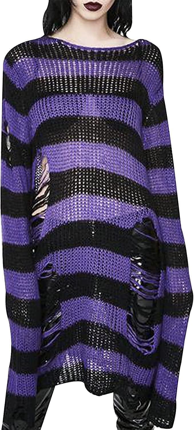 CAREFORM Y2K Oversized Goth Punk Ripped Striped Long Sleeve