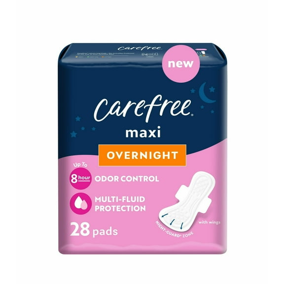 CAREFREE Overnight Maxi Pads with Wings, Unscented, 28 Ct (Pack of 3)