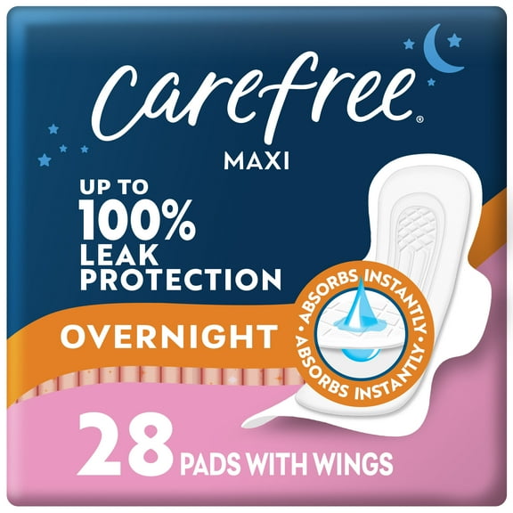 Carefree Overnight Maxi Pads with Wings, 28 Count