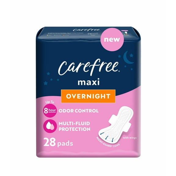CAREFREE Overnight Maxi Pads with Wings, Unscented, 28 Ct
