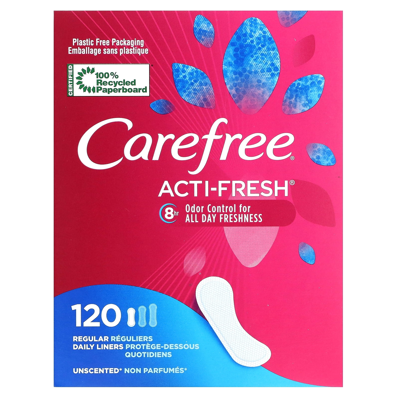 CAREFREE® Panty Liners, Regular, Flat, Unscented, 8 Hour Odor Control