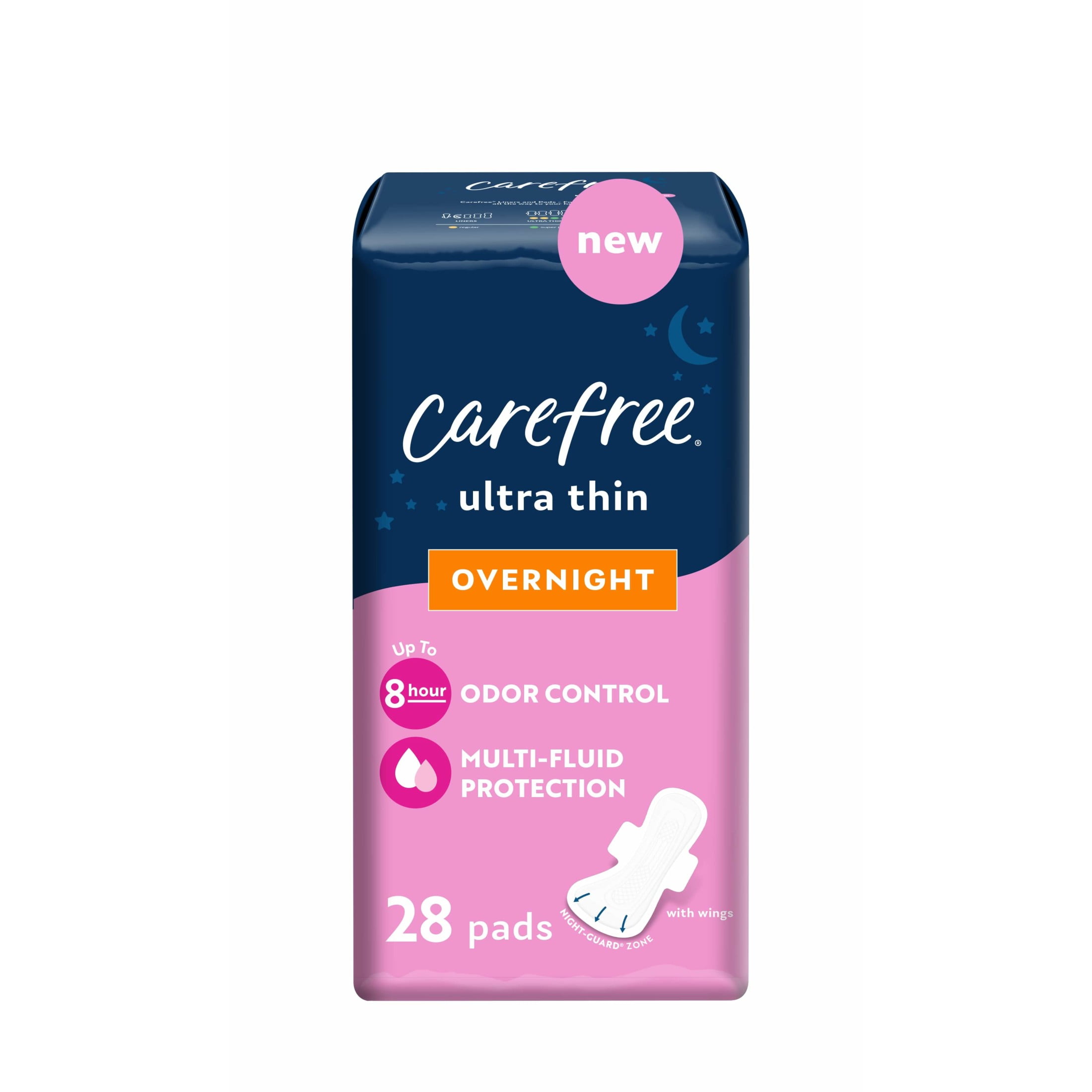 CAREFREE® Ultra Thin Overnight Pads with Wings, 28 Count, Protection for up to 10 Hours