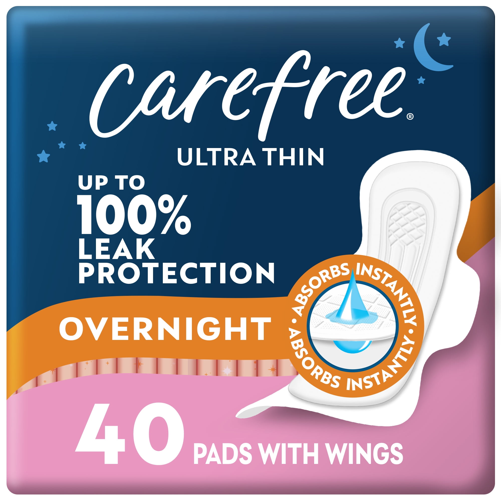 CAREFREE® Ultra Thin Overnight Pads With Wings, 40 Count, MultiFluid