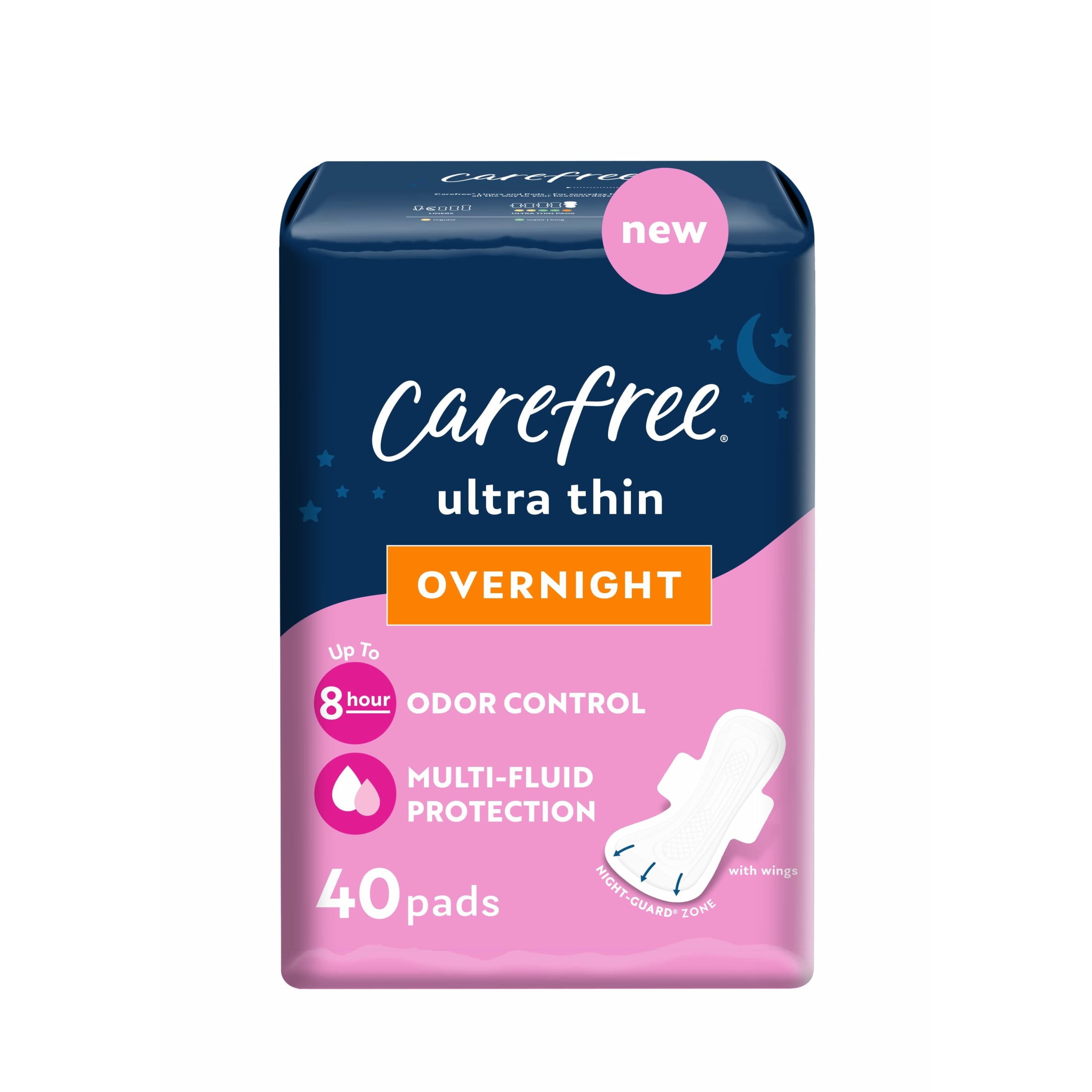 CAREFREE® Ultra Thin Overnight Pads With Wings, 40 Count, Multi-Fluid Absorption, Protection For Up To 10 Hours