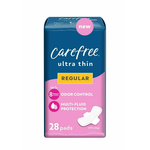 CAREFREE Ultra Thin Regular Pads With Wings, 28 Count, Multi-Fluid Protection For Up To 8 Hours, With Odor Neutralizer (Pack of 2)