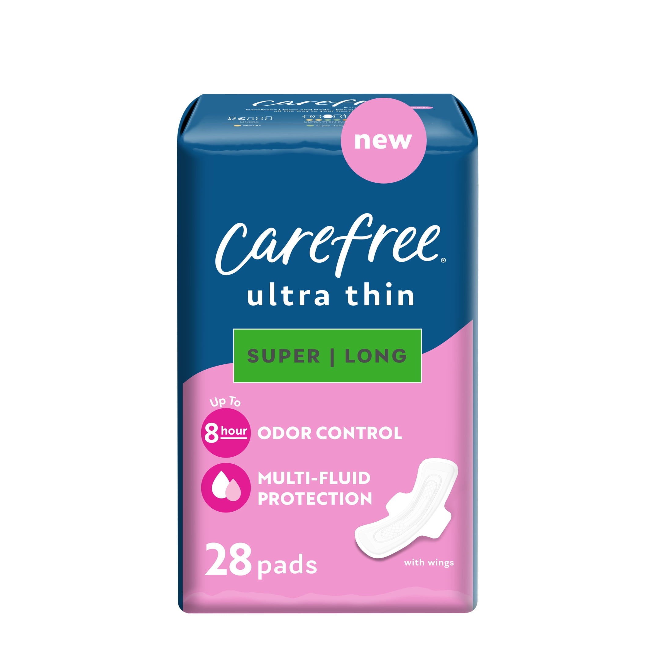 CAREFREE® Ultra Thin Super Long Pads With Wings, 28 count, Multi-Fluid Protection For Up To 8 Hours, With Odor Neutralizer