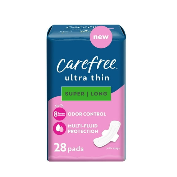 CAREFREE Ultra Thin Super Long Pads With Wings, Multi-Fluid Protection For Up To 8 Hours, With Odor Neutralizer (2 pack of 28 count)