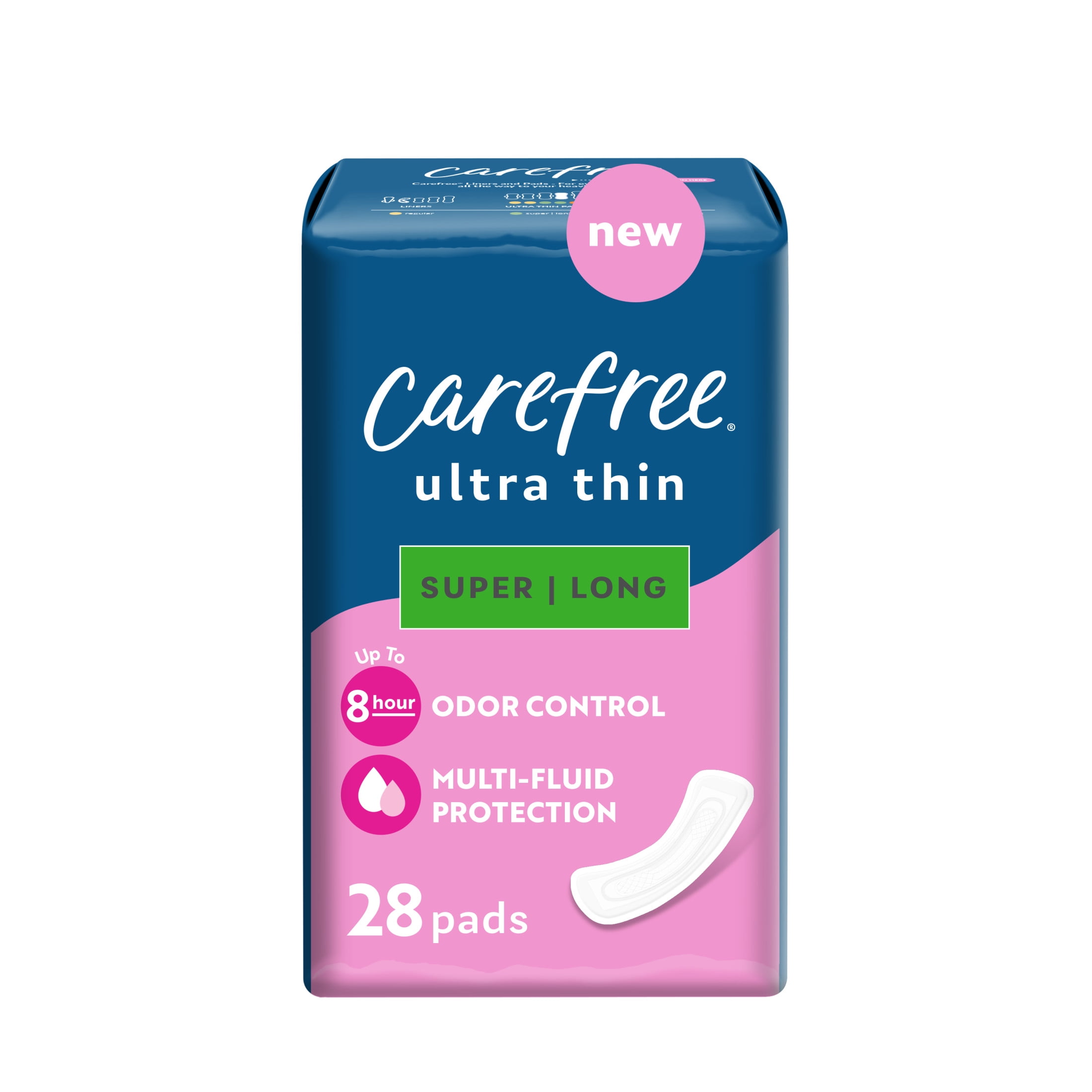 CAREFREE® Ultra Thin Super Long Pads Without Wings, 28ct, Multi-Fluid Protection For Up To 8 Hours, With Odor Neutralizer