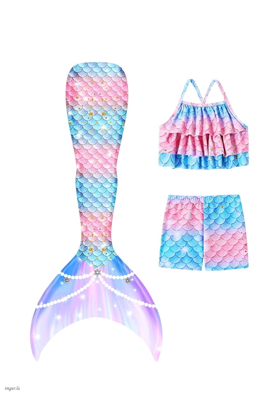 3Pcs Girls Swimsuits Kids Mermaid Tail for Swimming  Multi Ruffled Trim Halter Swimsuit Colorful Fish Scale Pattern Mermaid Costume Set Swimwear 4-10 Years