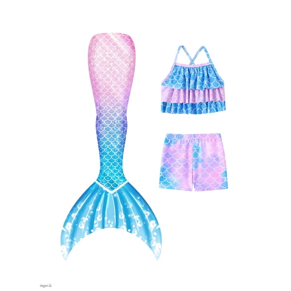 CARETOO Girls Swimsuit 3PCS Mermaid Tail Swimming Suits Kids Summer Tankini Set Multi Ruffled Halter Colorful Fish Scale Pattern Swimwear 4-10 Years Princess Bathing Suit