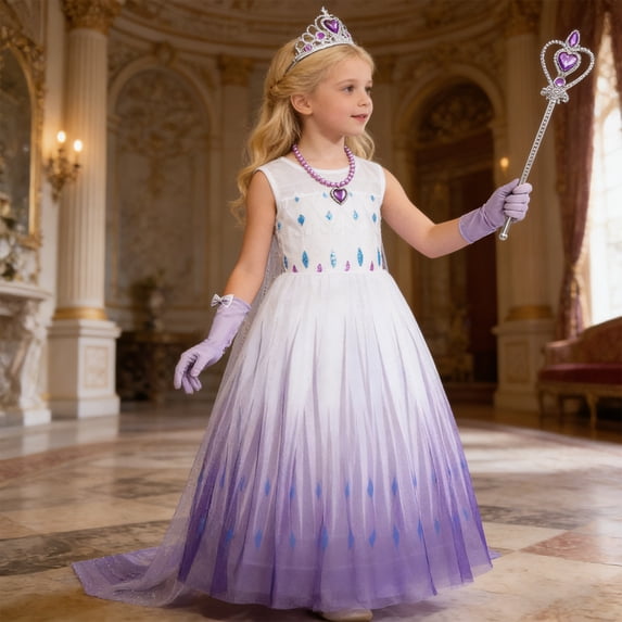 CARETOO Girls Princess Dress Toddler Frozen Outfit Purple Girl Princess Clothes 6PCS Tulle Dress With Wand, Tiara, Earrings, Necklace & Gloves 4-12Y