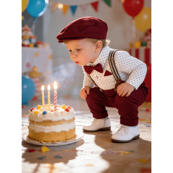CARETOO Baby Boy Clothes 0-18M 4pcs Formal Dress Shirt Suspender Trousers Hat Tie Cotton Fabric Set