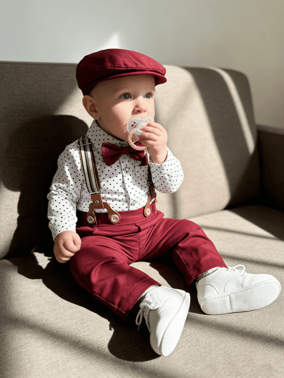 Baby Boy Clothes 0-18M 4pcs Formal Dress Shirt Suspender Trousers Hat Tie Cotton Fabric Set