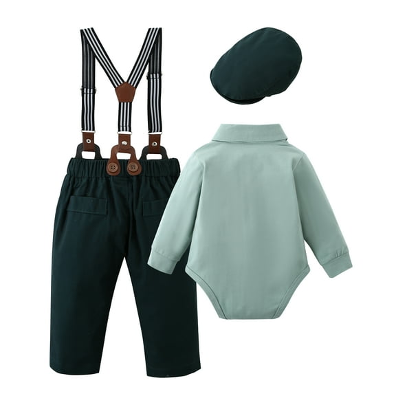 Latnnut Baby Boy Clothes 0-18M Infant Gentleman Outfit Shirt Bowtie Beret Suspender Pants 3pcs