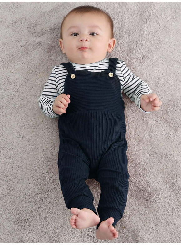 CARETOO Baby Boy Clothes 0-24M 2Pcs Infant Romper Bodysuit Casual Striped Top Overalls Cotton Fabric