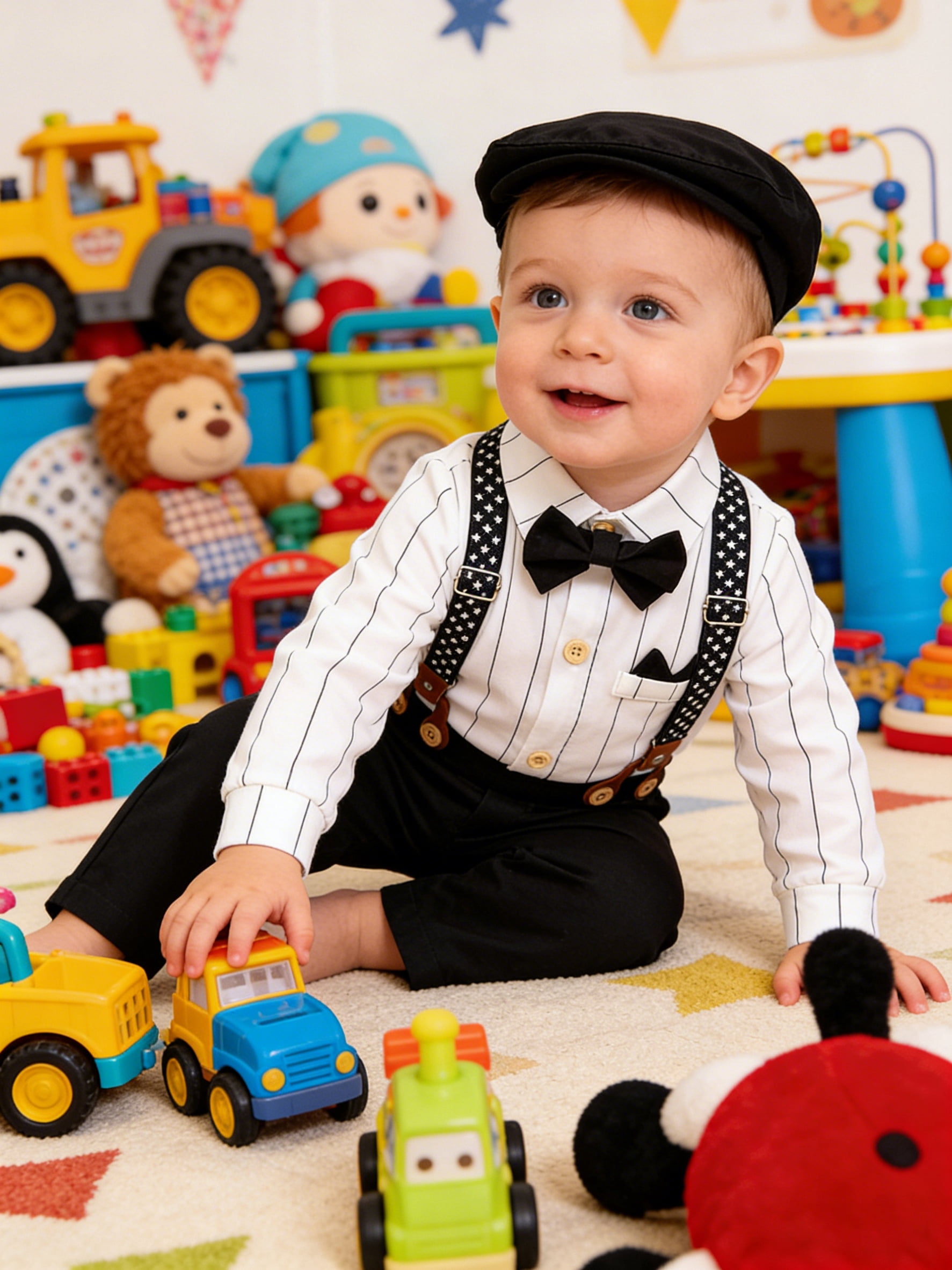 CARETOO Baby Boy Clothes Infant Formal Dress Outfit Set Romper Shirt Bowtie Beret Suspender Trousers 0-24M 4Pcs Church Wedding Baptism Suit Cotton Fabric