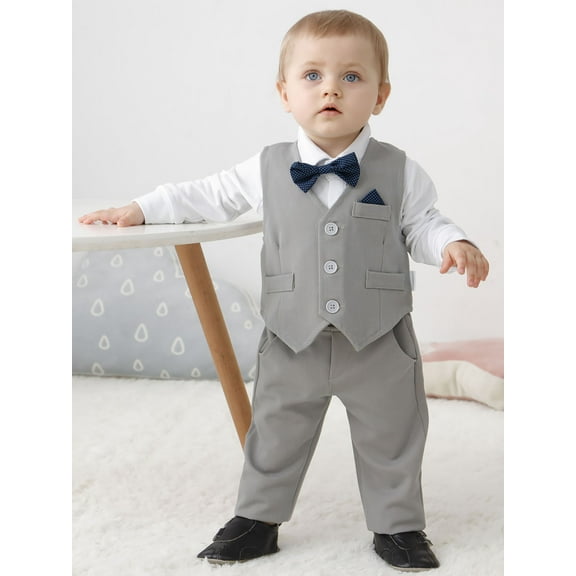 CARETOO Baby Boy Clothes 3-24M Toddler Formal Cotton Fabric Shirt Pants Bow Tie Waistcoat 4pcs Set