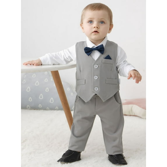 CARETOO Baby Boy Clothes 3-24M Toddler Formal Cotton Fabric Shirt Pants Bow Tie Waistcoat 4pcs Set