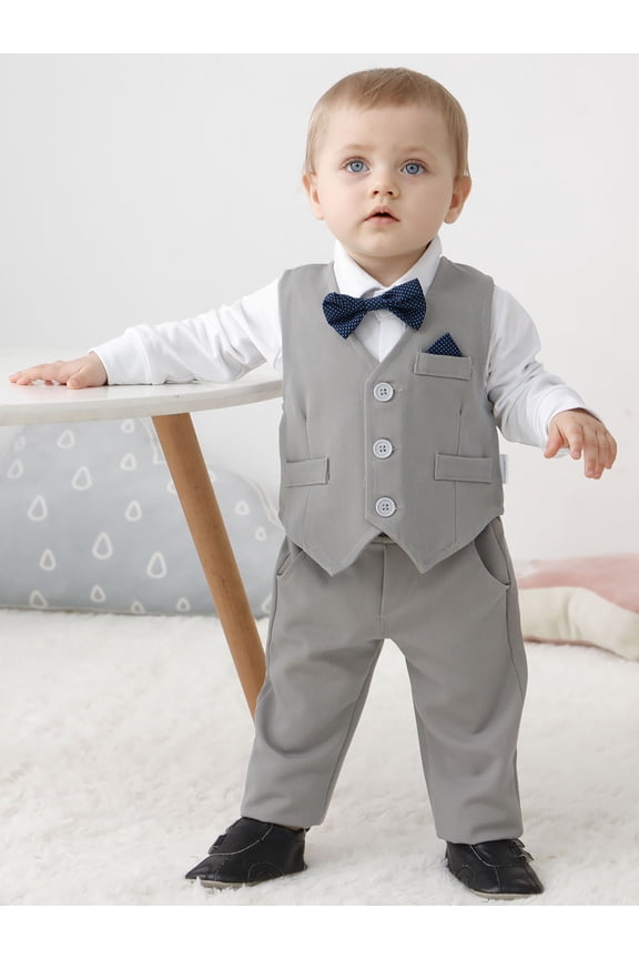 Baby Boy Clothes 3-24M Toddler Formal Cotton Fabric Shirt Pants Bow Tie Waistcoat 4pcs Set