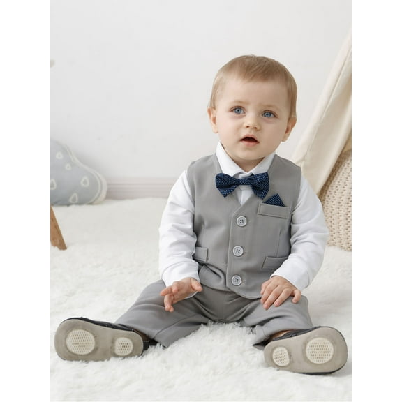 CARETOO Baby Boy Clothes 3-24M Toddler Formal Cotton Fabric Shirt Pants Bow Tie Waistcoat 4pcs Set
