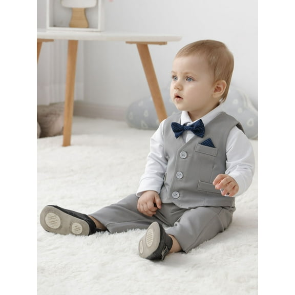 CARETOO Baby Boy Clothes 3-24M Toddler Formal Cotton Fabric Shirt Pants Bow Tie Waistcoat 4pcs Set