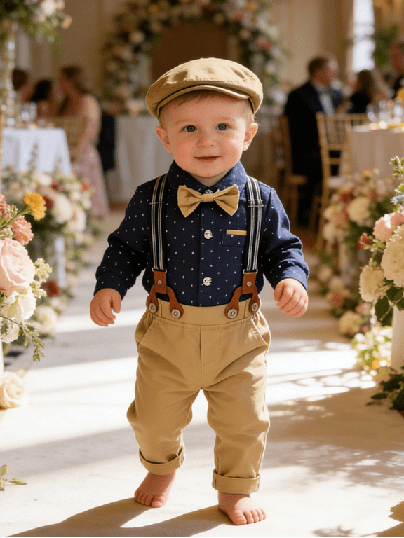 Baby Boy Clothes Cotton Fabric Formal Outfits Shirt Suspender Pants Bowtie Beret Hat 4pcs