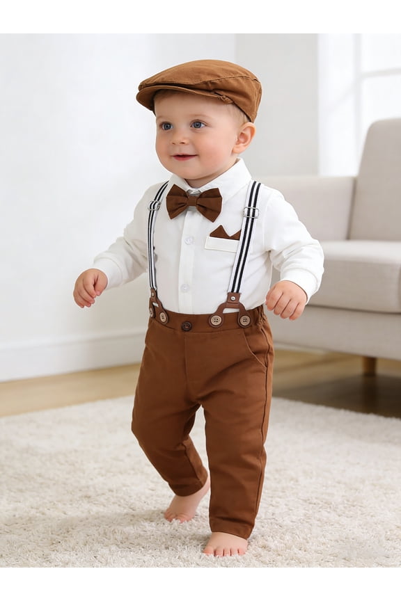 Baby Boy Clothes Infant Formal Outfit Suit Shirt Hat Suspender Pants Bowtie 0-18M Cotton Fabric 4pcs Church Wedding Baptism Suit