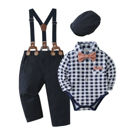 CARETOO Baby Boy Clothes Gentleman Outfit Suits Plaid Shirts Suspender Pants Bowtie Beret Hat 0-18M
