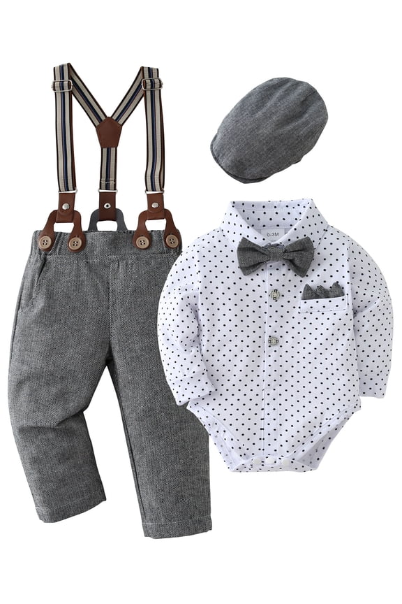 Baby Boy Clothes Gentleman Outfits Suit Infant Shirts Suspender Pants Bowtie Beret Hat 0-18M