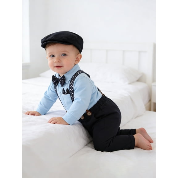 CARETOO Baby Boy Clothes Infant Formal Dress Outfit Set Romper Shirt Bowtie Beret Suspender Pants 0-24M 4Pcs Church Wedding Baptism Suit Cotton Fabric