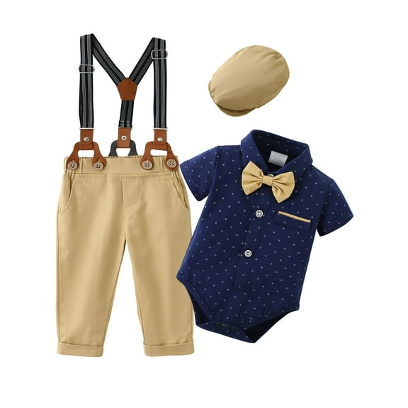 CARETOO Baby Boy Clothes Infant Tuxedo Short Sleeve Gentleman Outfits Suspender Pants Hat Suit 0-18M