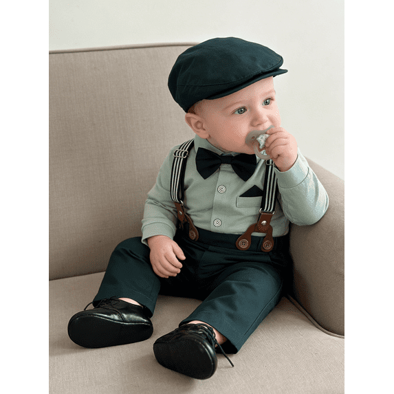 CARETOO Baby Boy Clothes Outfit 0-18M Infant Formal Cotton Fabric Shirt Bowtie Hat Suspender Pants