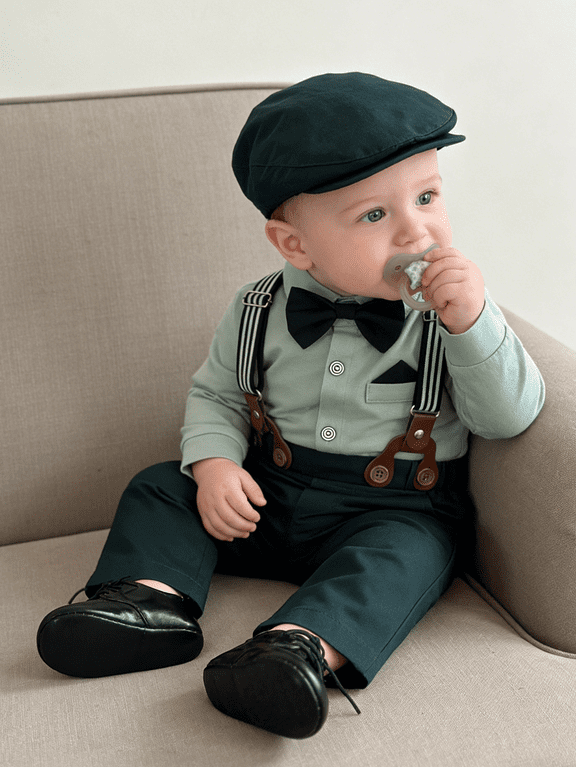 Baby Boy Clothes Outfit 0-18M Infant Formal Cotton Fabric Shirt Bowtie Hat Suspender Pants