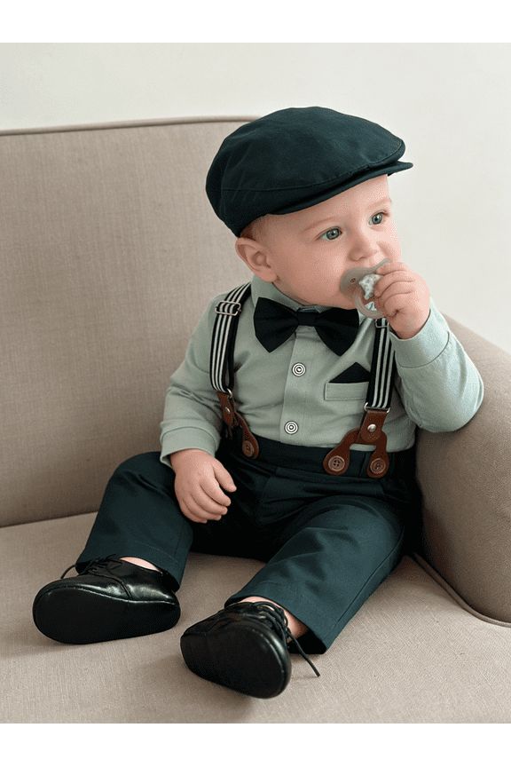 Baby Boy Clothes Outfit 0-18M Infant Formal Cotton Fabric Shirt Bowtie Hat Suspender Pants