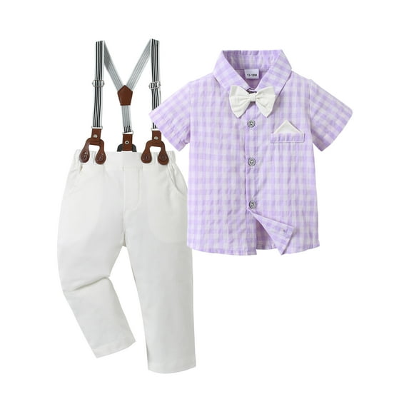 CARETOO Baby Boy Clothes Suits, Toddler Summer Formal Short Shirt+ Bowtie+ Suspender Gentleman Wedding Outfit 3T