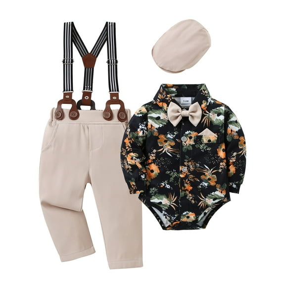 CARETOO Baby Boy Clothes Suit 3-24 Months Formal Long Sleeve Floral Shirt Suspender Pants Hat Bowtie